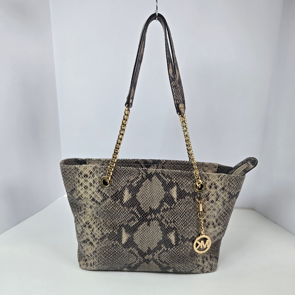 Michael Kors Tote Bag Womens Medium Gray Snakeskin Python Gold Chain Shoulder